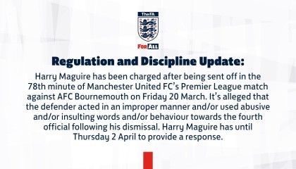 best365登录网页版-官方：因对阵樱桃染红后对四官行为不当，马奎尔被英足总指控